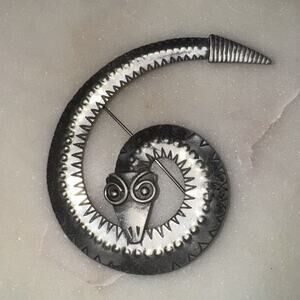 Vintage JJ Coiled Snake Brooch Pin Silver Tone